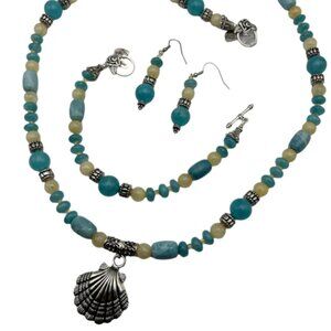 Handmade Jewelry Set - Metal Shell - Larimar, Angelite, Yellow Jade, Crystal